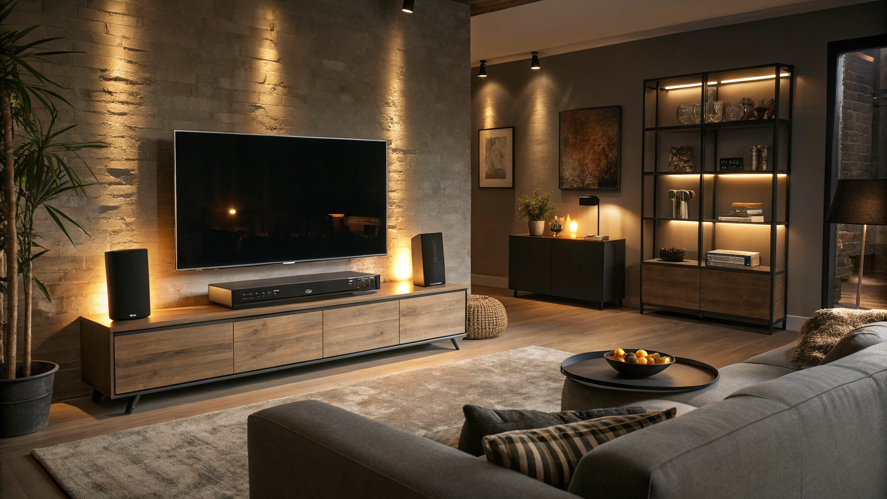 Modern living room interior featuring a sleek soundbar mounted beneath a slim smart television on an oak credenza.