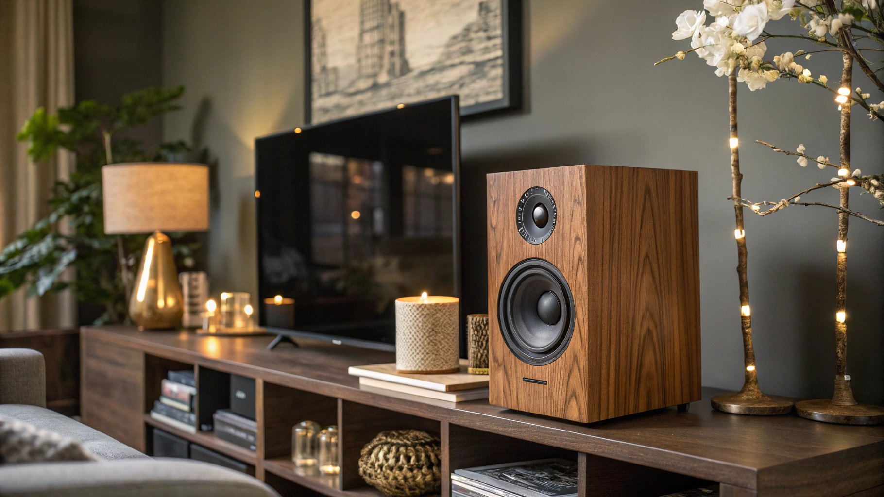 Sculptural freestanding speaker beside a window in a contemporary living space.
